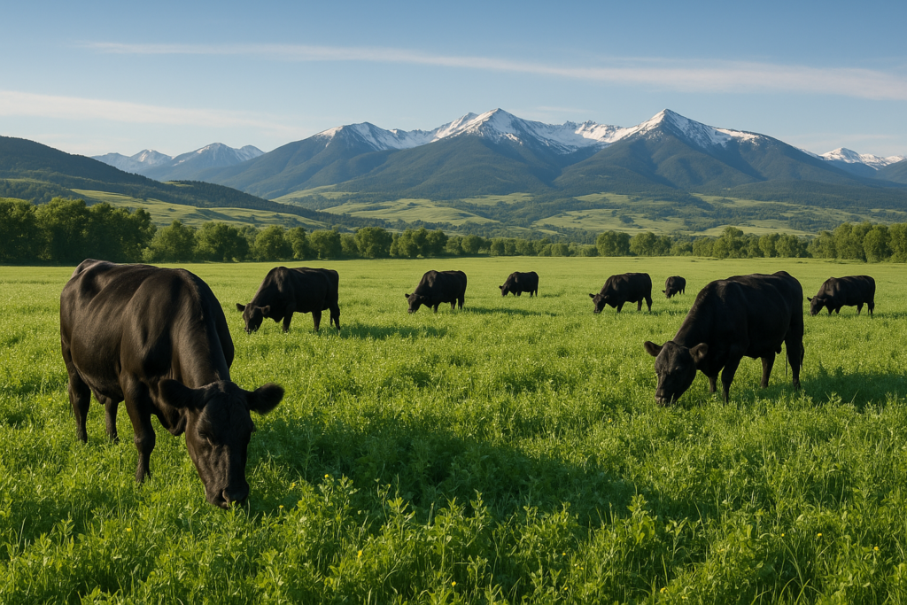 Black cattle grazing a lush green legume pasture on a Montana ranch in early summer with mountains in the distance