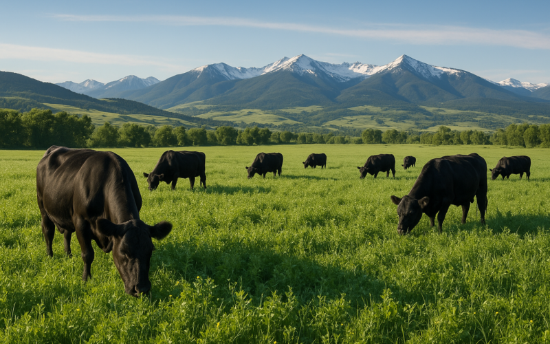 Black cattle grazing a lush green legume pasture on a Montana ranch in early summer with mountains in the distance