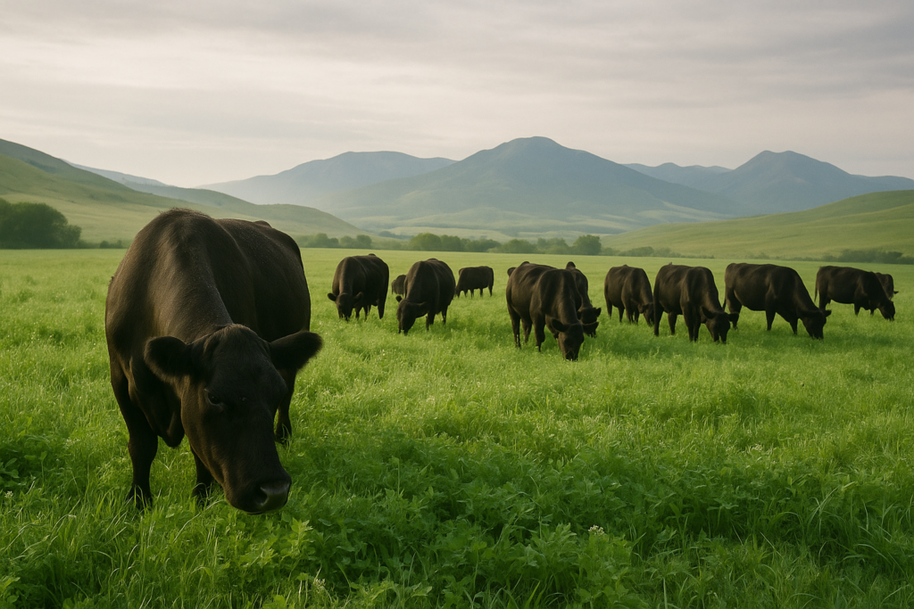 Black cattle grazing a lush green legume meadow on a Montana ranch in early summer morning light with foothills behind