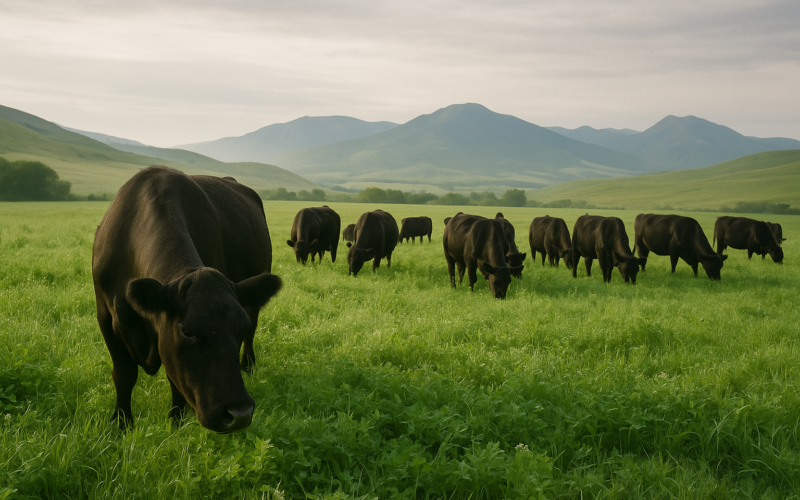 Black cattle grazing a lush green legume meadow on a Montana ranch in early summer morning light with foothills behind