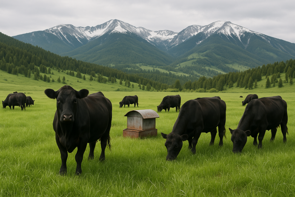 Black cows grazing lush green early-summer grass near a mineral feeder on a Montana foothills pasture with mountains behind