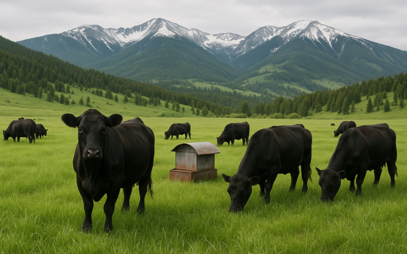 Black cows grazing lush green early-summer grass near a mineral feeder on a Montana foothills pasture with mountains behind