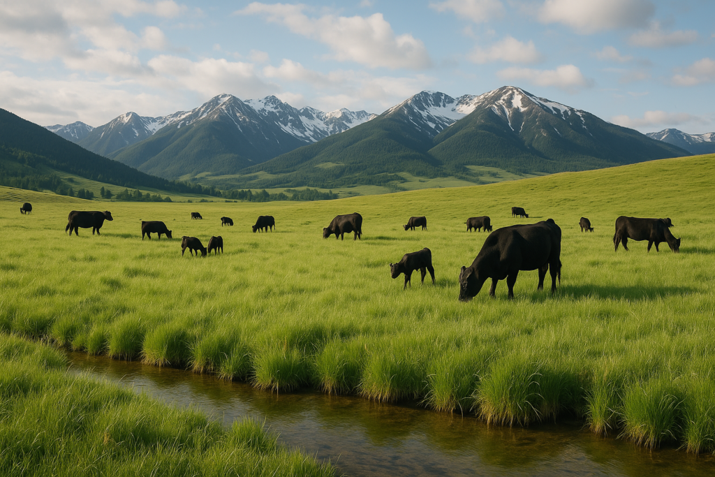 Black cows and calves grazing lush green spring grass in a Montana foothill pasture with mountains in the distance