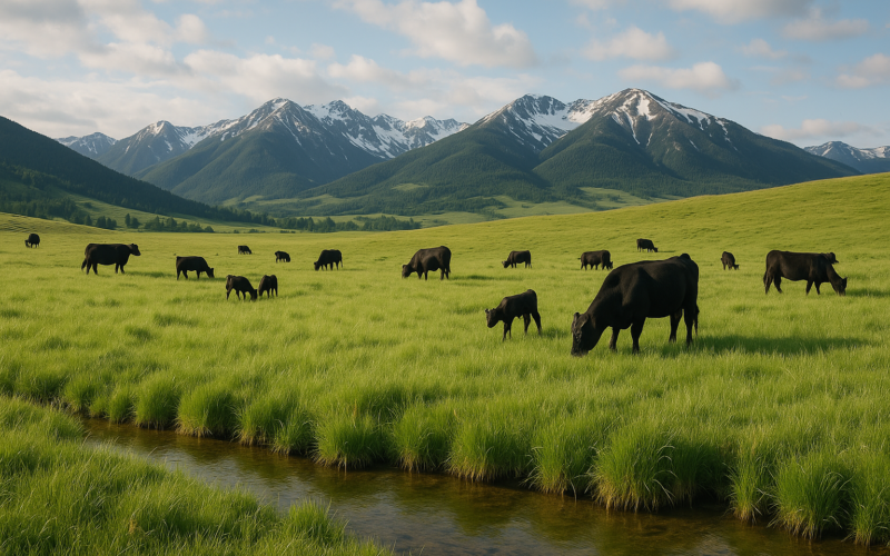 Black cows and calves grazing lush green spring grass in a Montana foothill pasture with mountains in the distance