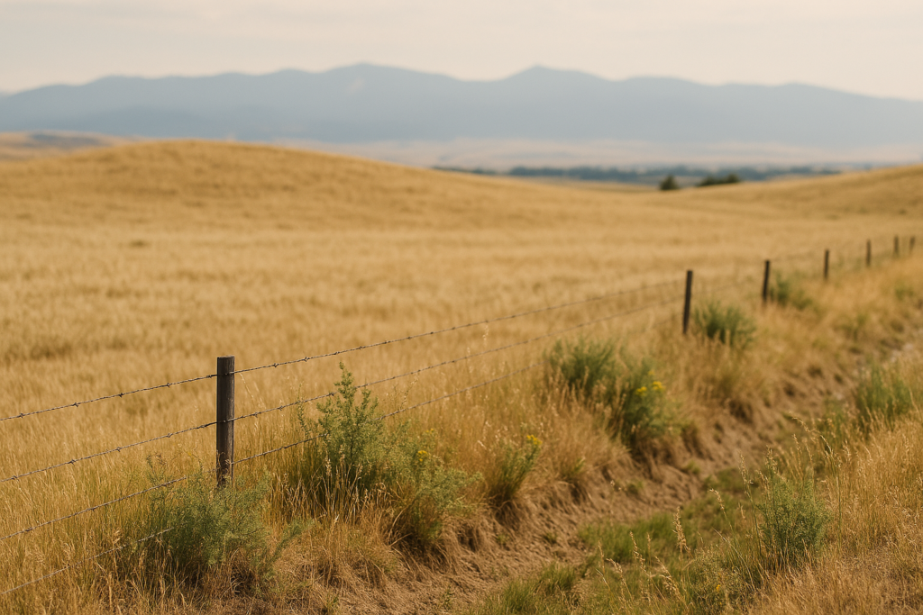 Dry short-grass Montana rangeland with a weedy fenceline in June under a hazy summer sky