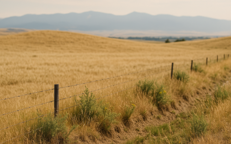 Dry short-grass Montana rangeland with a weedy fenceline in June under a hazy summer sky