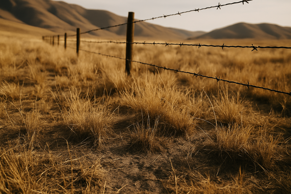 Dry short-grass Montana rangeland along a barbed wire fence with brown foothills behind, showing stressed grass and bare soil in early summer