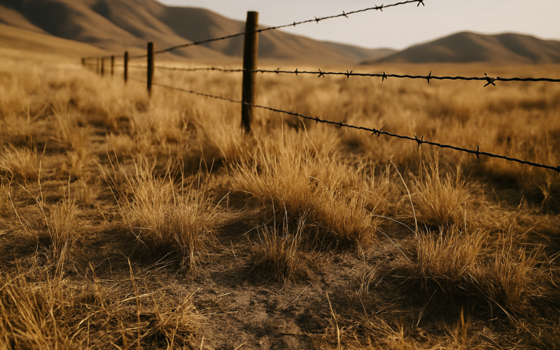 Dry short-grass Montana rangeland along a barbed wire fence with brown foothills behind, showing stressed grass and bare soil in early summer