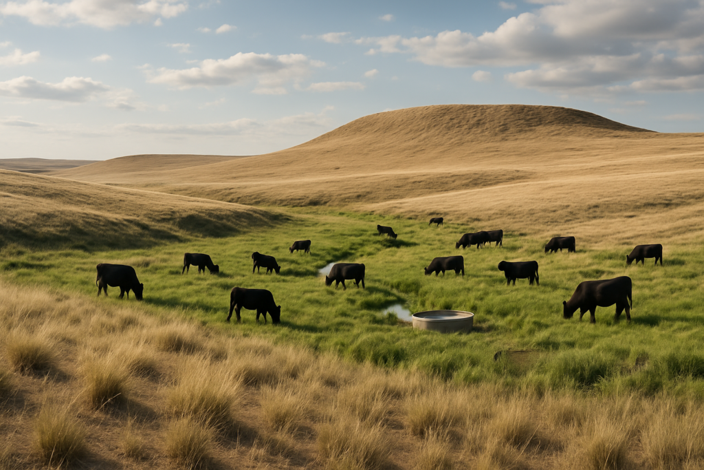 Rolling native Montana rangeland in June with cattle grazing a green draw below a dry ridgeline