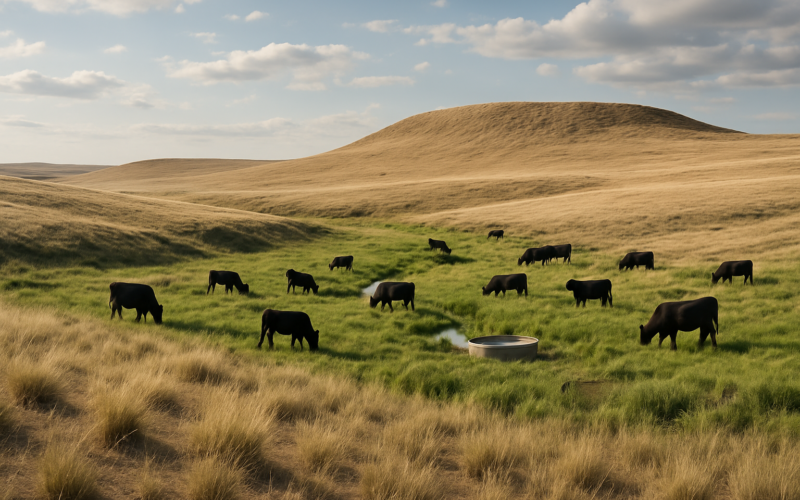 Rolling native Montana rangeland in June with cattle grazing a green draw below a dry ridgeline