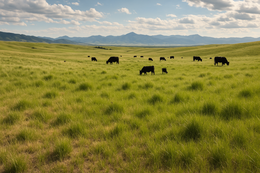 Black cattle grazing across a green Montana foothill pasture in early summer with mountains in the distance