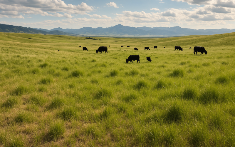 Black cattle grazing across a green Montana foothill pasture in early summer with mountains in the distance