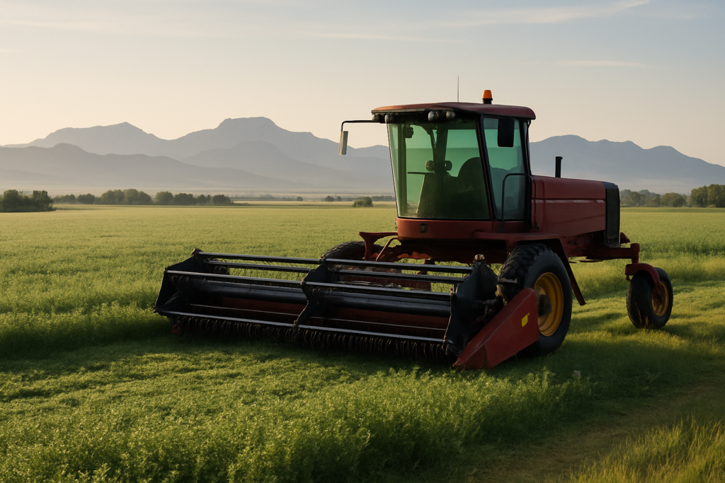 A swather sitting at the edge of a green alfalfa field with Montana foothills in the background under early morning light