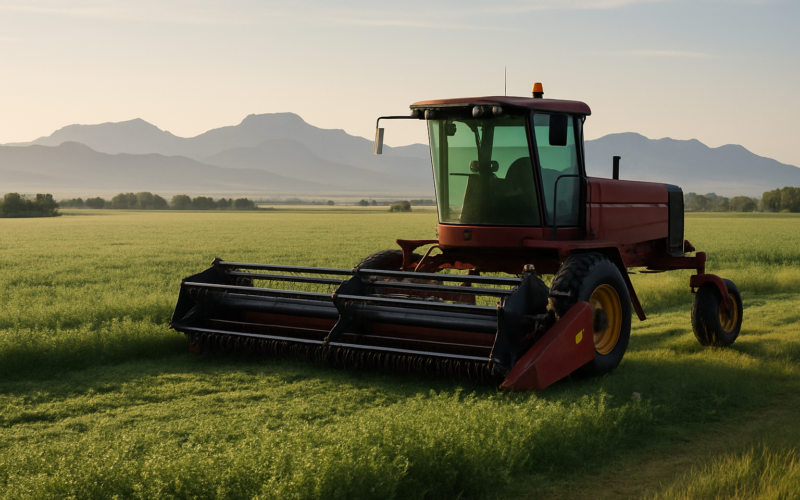 A swather sitting at the edge of a green alfalfa field with Montana foothills in the background under early morning light
