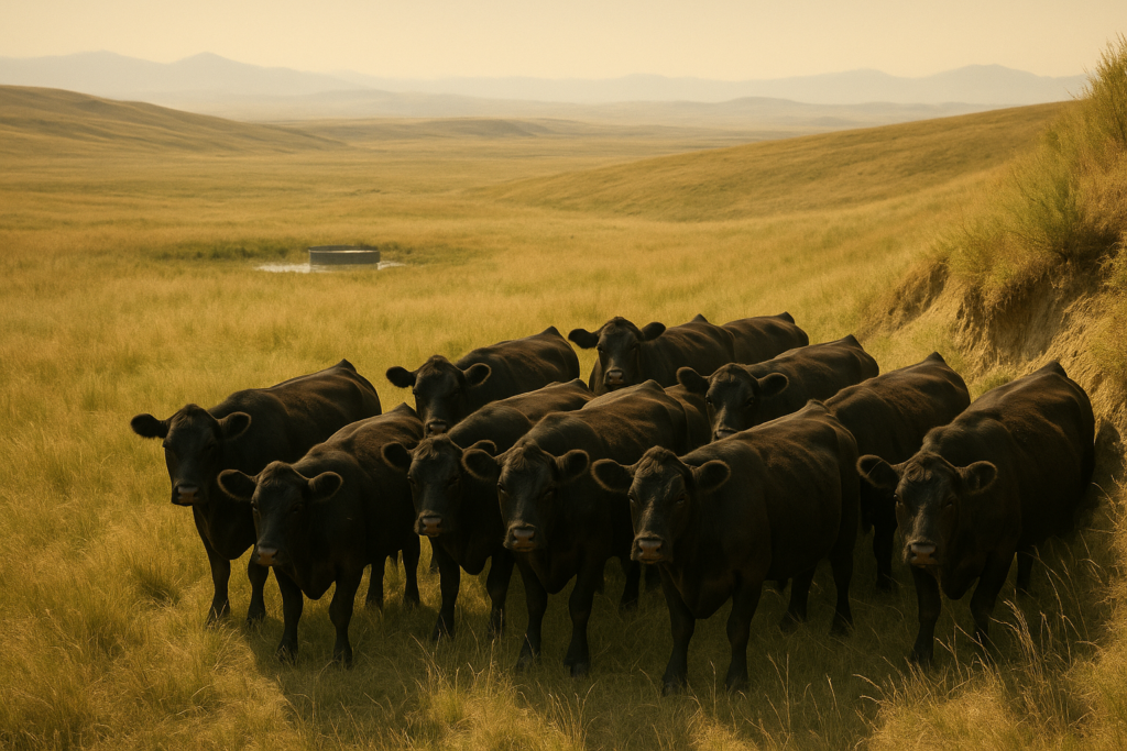 Black cattle standing in the shade of a draw on open Montana rangeland on a hot summer afternoon with a stock tank in the distance