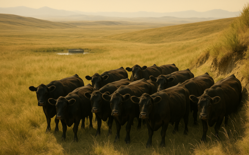 Black cattle standing in the shade of a draw on open Montana rangeland on a hot summer afternoon with a stock tank in the distance