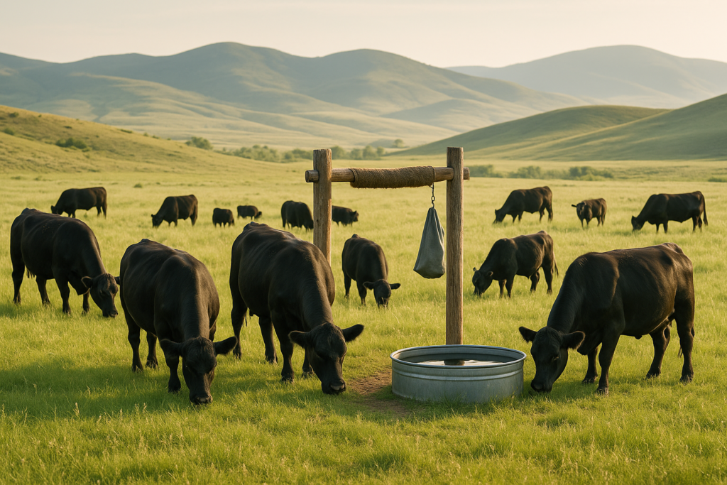 Black cattle grazing summer range near a hanging backrubber and dust bag by a stock tank in Montana foothills