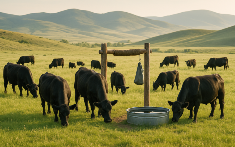 Black cattle grazing summer range near a hanging backrubber and dust bag by a stock tank in Montana foothills