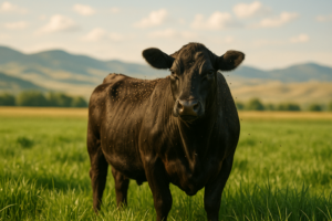 An Angus cow in a green Montana meadow with horn flies clustered along her back, foothills behind