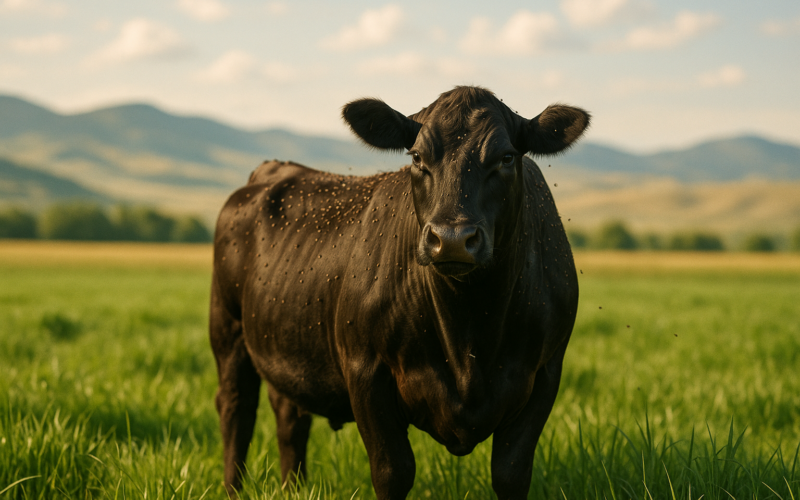 An Angus cow in a green Montana meadow with horn flies clustered along her back, foothills behind