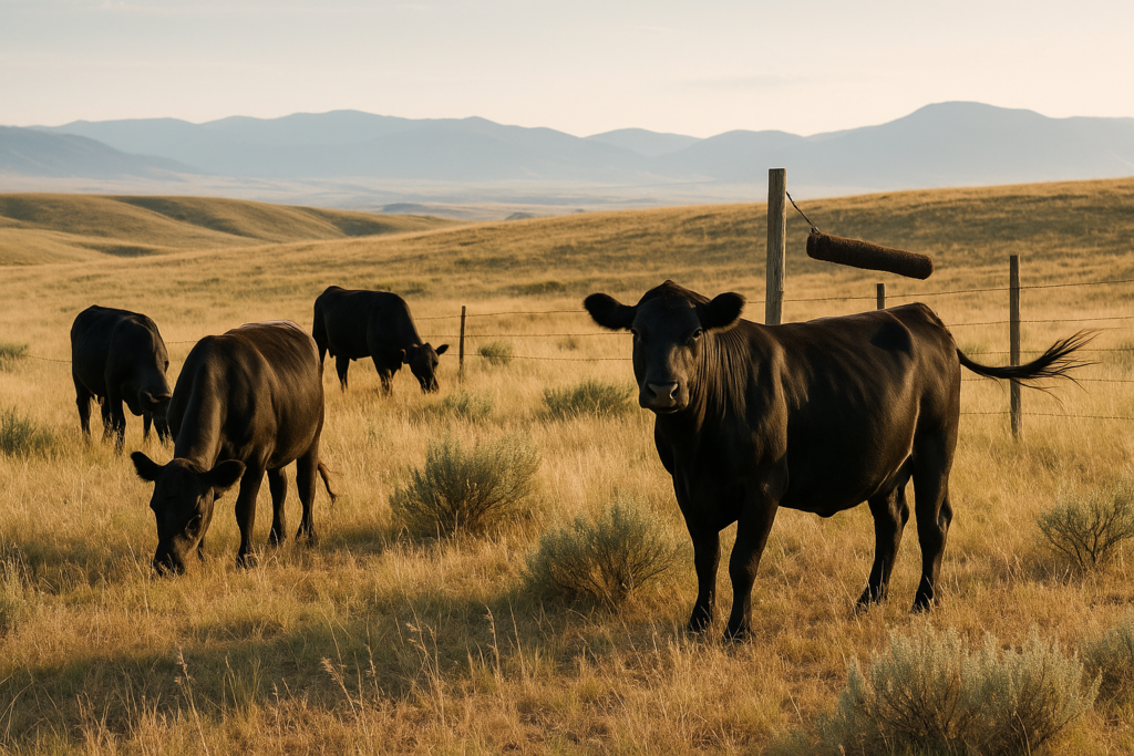 Black cattle grazing on green-gold Montana rangeland with mountains in the distance on a summer morning