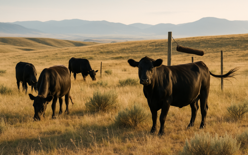 Black cattle grazing on green-gold Montana rangeland with mountains in the distance on a summer morning