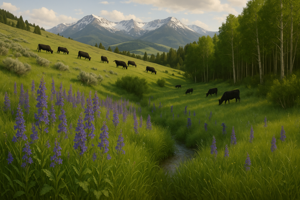 Tall purple larkspur flowering in a green draw on Montana foothill range with cattle grazing an open slope in the distance