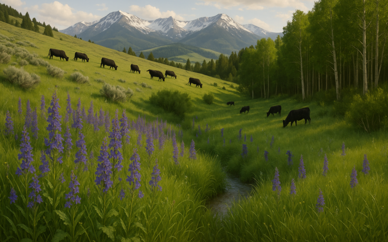Tall purple larkspur flowering in a green draw on Montana foothill range with cattle grazing an open slope in the distance
