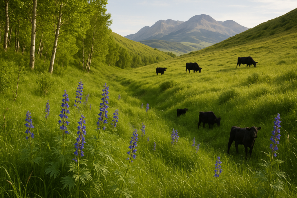 Blue-flowering larkspur growing in a green Montana foothill draw with black cattle grazing on the slope beyond