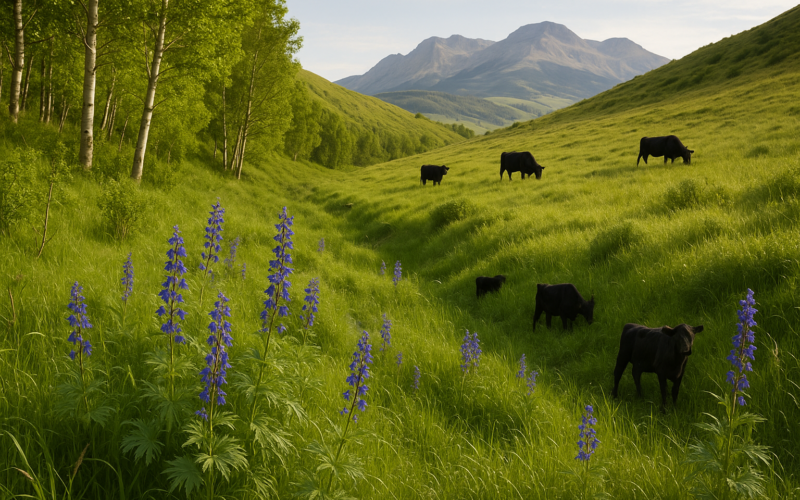 Blue-flowering larkspur growing in a green Montana foothill draw with black cattle grazing on the slope beyond