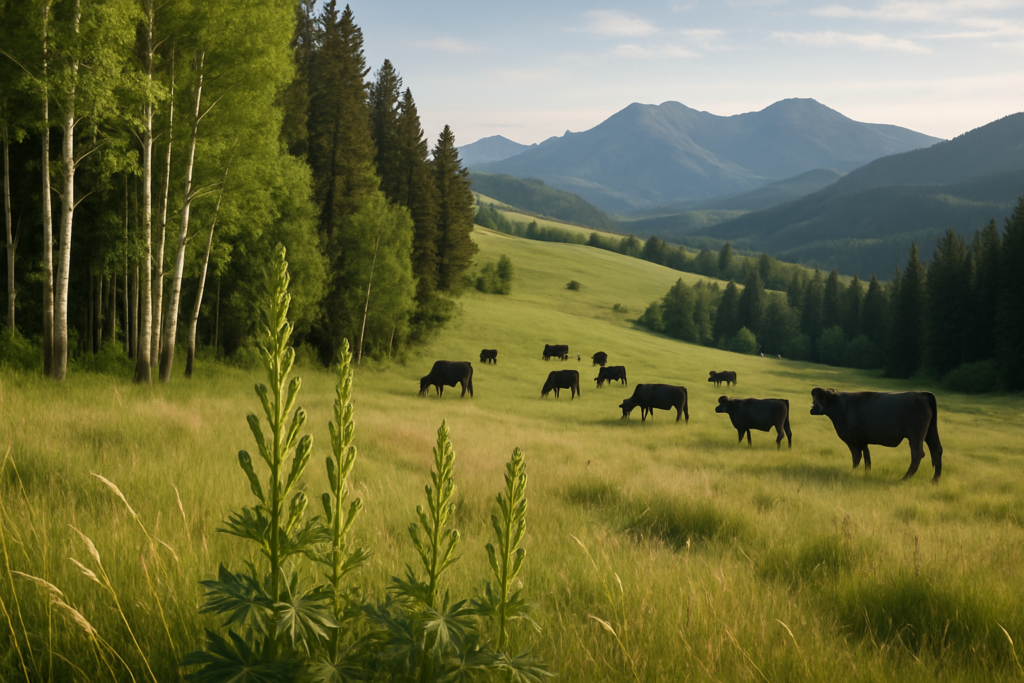 Green tall larkspur growing at a timber edge on a Montana foothill pasture with cattle grazing nearby in early summer light