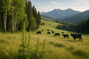 Green tall larkspur growing at a timber edge on a Montana foothill pasture with cattle grazing nearby in early summer light