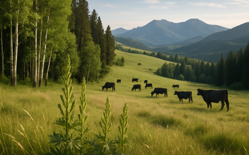 Green tall larkspur growing at a timber edge on a Montana foothill pasture with cattle grazing nearby in early summer light