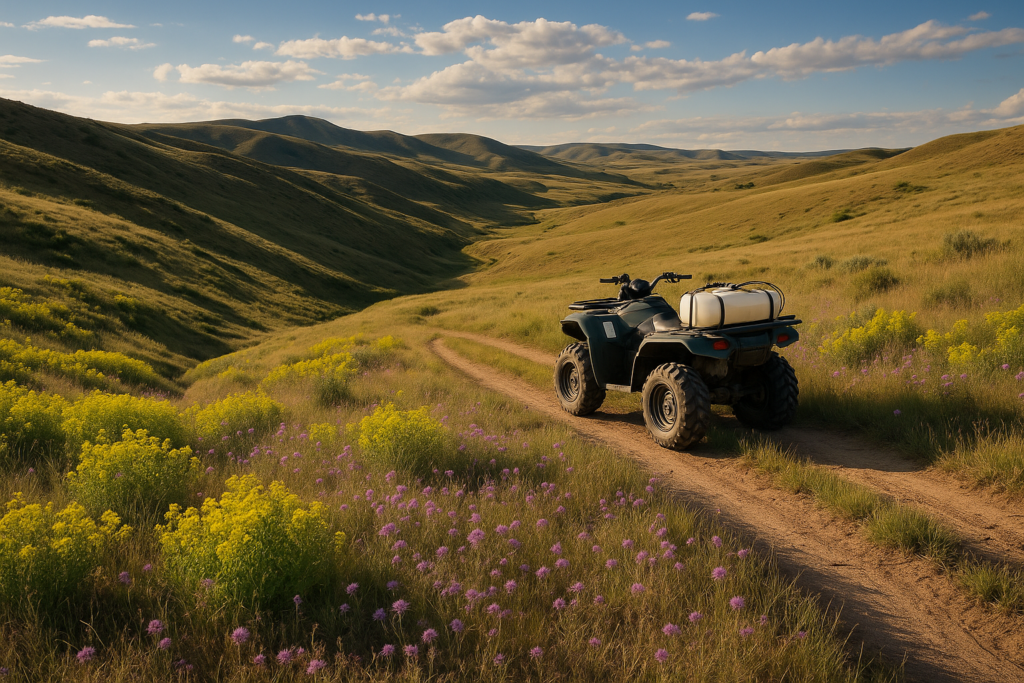 Yellow-green leafy spurge patches across a Montana grassland coulee with an ATV sprayer parked on a two-track trail in June light