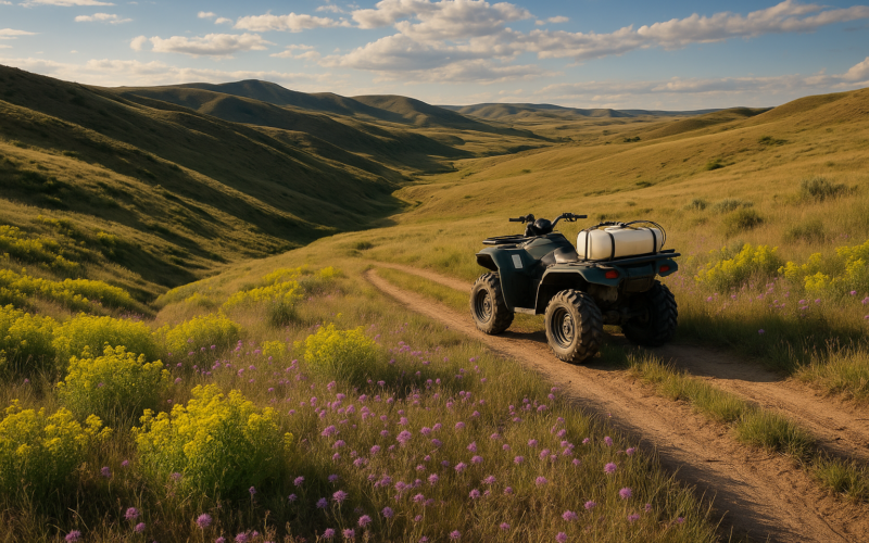 Yellow-green leafy spurge patches across a Montana grassland coulee with an ATV sprayer parked on a two-track trail in June light