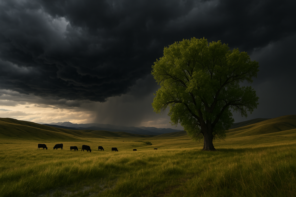 Black cattle grazing near a lone cottonwood tree in an open Montana pasture as dark storm clouds build overhead