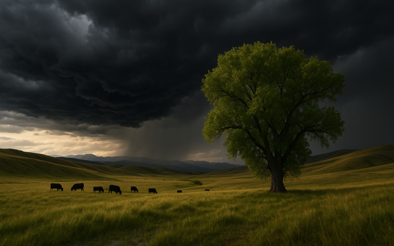 Black cattle grazing near a lone cottonwood tree in an open Montana pasture as dark storm clouds build overhead