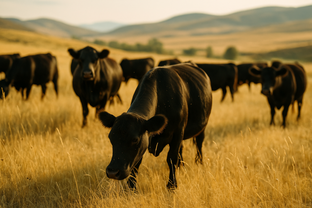 Black cattle grazing on a dry, sunlit Montana summer pasture with cured grass and foothills behind them