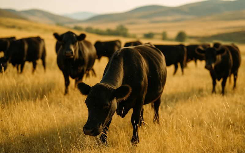 Black cattle grazing on a dry, sunlit Montana summer pasture with cured grass and foothills behind them