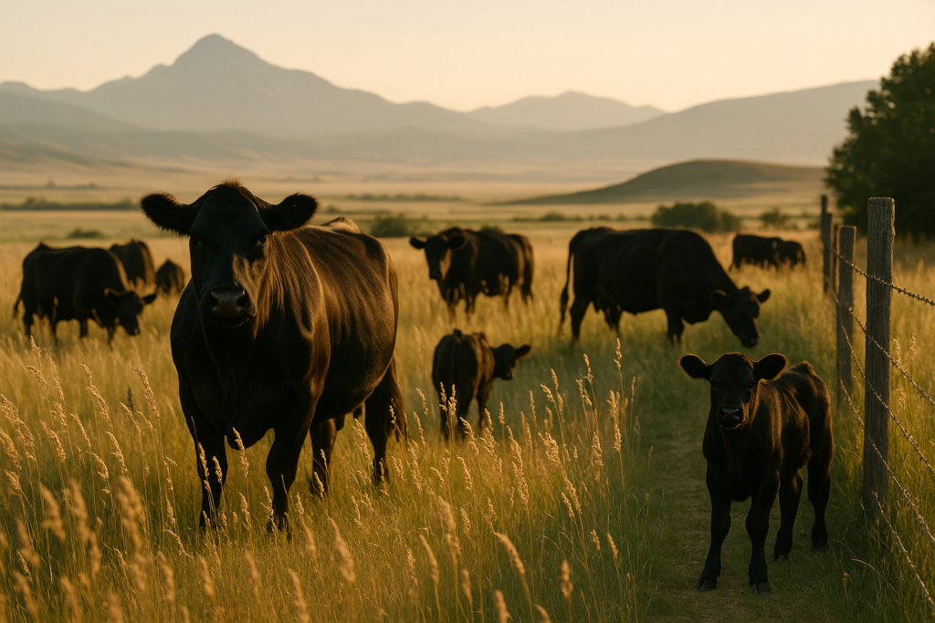 Black Angus cow-calf pairs grazing on tall seedy summer grass in the Montana foothills at daylight, with one calf standing off in the shade near a fence line.