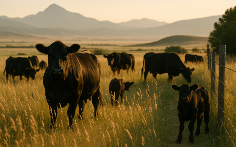 Black Angus cow-calf pairs grazing on tall seedy summer grass in the Montana foothills at daylight, with one calf standing off in the shade near a fence line.