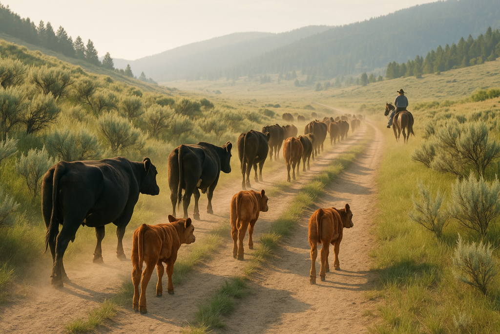 Cow-calf pairs strung out and trailing up a dirt track toward Montana summer range in early morning light with a rider working the edge of the herd