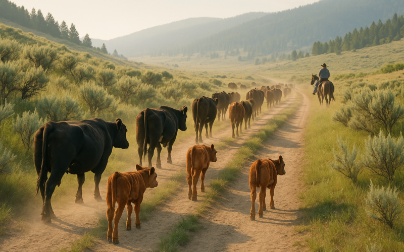 Cow-calf pairs strung out and trailing up a dirt track toward Montana summer range in early morning light with a rider working the edge of the herd