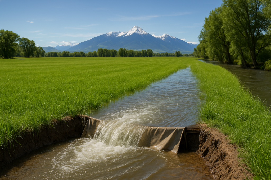 Water spreading across a green Montana hay meadow from a head ditch during June flood irrigation, mountains in the distance