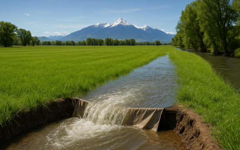 Water spreading across a green Montana hay meadow from a head ditch during June flood irrigation, mountains in the distance