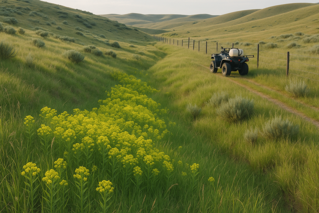 A patch of flowering leafy spurge spreading down a grassy Montana coulee with an ATV sprayer parked on a fenceline two-track in early summer