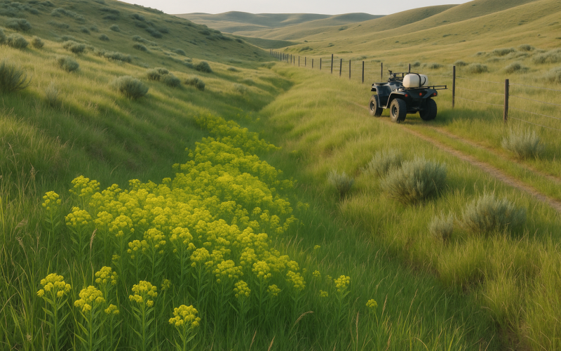 A patch of flowering leafy spurge spreading down a grassy Montana coulee with an ATV sprayer parked on a fenceline two-track in early summer