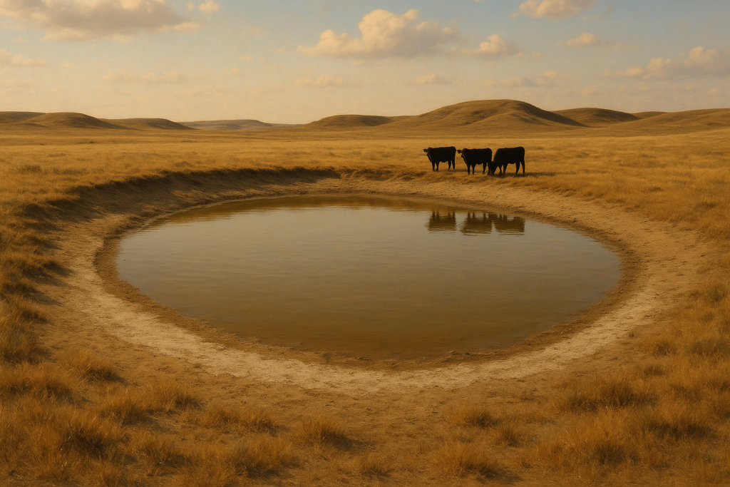 A drawn-down Montana stock pond with a pale mineral ring around its banks and cattle drinking at the edge under a dry summer sky