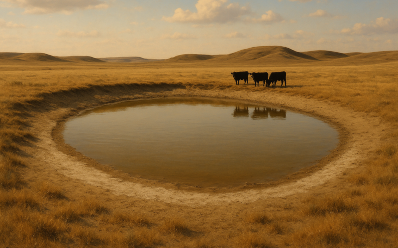 A drawn-down Montana stock pond with a pale mineral ring around its banks and cattle drinking at the edge under a dry summer sky