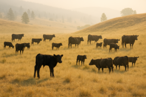 A young calf standing alone and hunched near a group of cow-calf pairs on a dry Montana summer pasture at daybreak